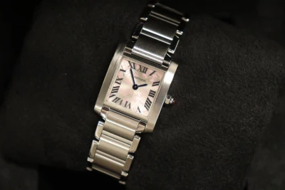 Cartier Tank Française W51031Q3 Silver Dial Pink Cabochon Crown Steel 2017 B&P