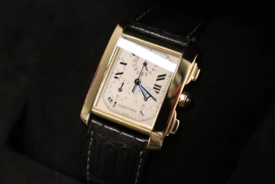 Cartier Tank Quartz Chrono 18K Gold Black Leather Strap 1830 Boxed Circa 2000