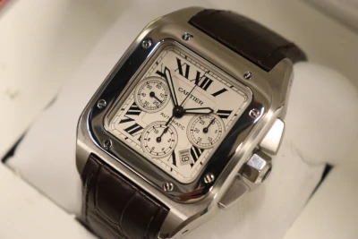 Cartier Santos XL100 Chronograph Steel Leather Strap Box & Paper Circa 2010