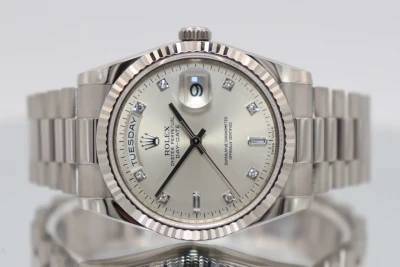 Rolex Day-Date 36MM 18K White Gold Silver Diamond Dial 118239 Full Set 2017 B&P
