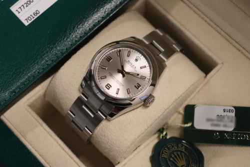 Rolex Oyster Perpetual 31MM Silver Dial Pink Baton 177200 2015 Full Set