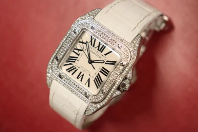 Cartier Santos Midi 100 Aftermarket Diamonds White Leather Strap 2878 Boxed
