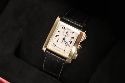 Cartier Tank Quartz Chrono 18K Gold Black Leather Strap 1830 Boxed Circa 2000