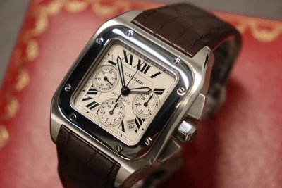 Cartier Santos XL100 Chronograph Steel Leather Strap Box & Paper Circa 2010