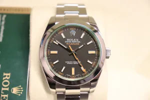 Rolex Milguass 116400GV Black Dial Green Glass Stainless Steel Box & Papers 2009