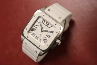 Cartier Santos Midi Stainless Steel 2878 White Rubber Bezel Boxed Circa 2010