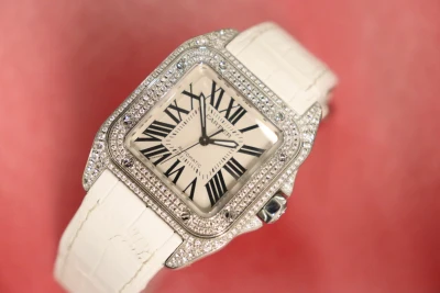 Cartier Santos Midi 100 Aftermarket Diamonds White Leather Strap 2878 Boxed