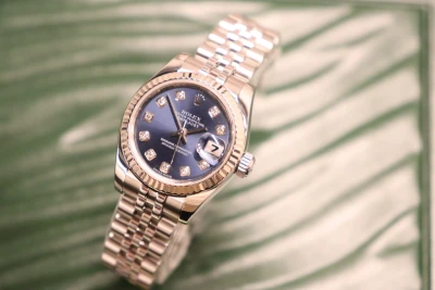 Rolex Datejust 26MM 18K White Gold Fluted Bezel Blue Diamond Dial 179174 Boxed Circa 2006