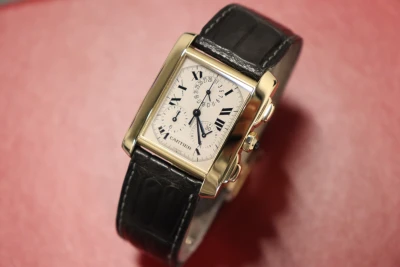 Cartier Tank Quartz Chrono 18K Gold Black Leather Strap 1830 Boxed Circa 2000