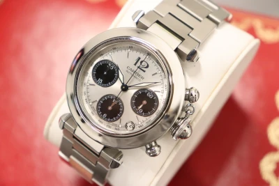 Cartier Pasha 2412 Chronograph Stainless Steel Silver & Black Dial 2000 B&P