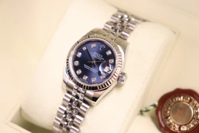 Rolex Datejust 26MM 18K White Gold Fluted Bezel Blue Diamond Dial 179174 Boxed Circa 2006