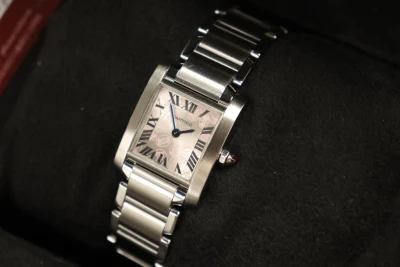 Cartier Tank Française W51031Q3 Silver Dial Pink Cabochon Crown Steel 2017 B&P