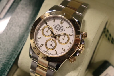 Rolex Cosmograph Daytona 18K Yellow Gold & Stainless Steel White Dial 116523 Box & Papers 2014