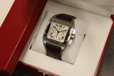 Cartier Santos XL100 Chronograph Steel Leather Strap Box & Paper Circa 2010