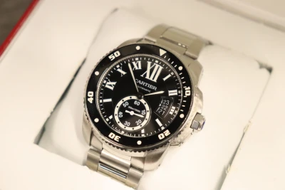 Cartier De Calibre Diver Bracelet Stainless Steel Black Dial 3729 B&P 2016