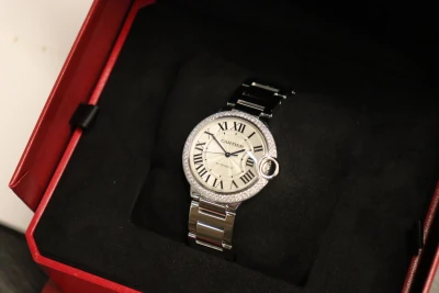Cartier Ballon Bleu 36MM 18K White Gold Factory Diamond Bezel Box & Papers 2010