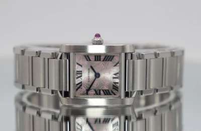 Cartier Tank Française W51031Q3 Silver Dial Pink Cabochon Crown Steel 2017 B&P