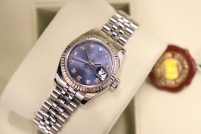 Rolex Datejust 26MM 18K White Gold Fluted Bezel Blue Diamond Dial 179174 Boxed Circa 2006