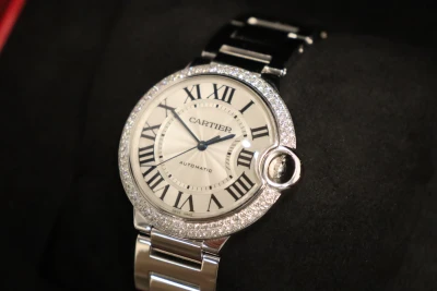 Cartier Ballon Bleu 36MM 18K White Gold Factory Diamond Bezel Box & Papers 2010