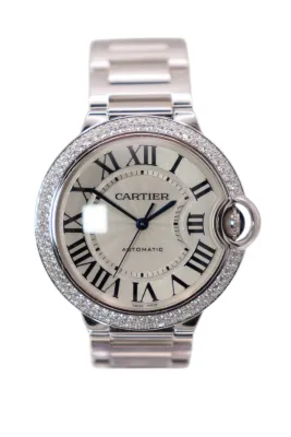 Cartier Ballon Bleu 36MM 18K White Gold Factory Diamond Bezel Box & Papers 2010