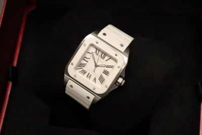 Cartier Santos Midi Stainless Steel 2878 White Rubber Bezel Boxed Circa 2010