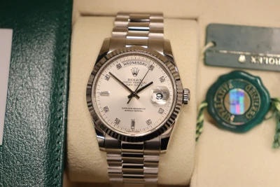 Rolex Day-Date 36MM 18K White Gold Silver Diamond Dial 118239 Full Set 2017 B&P