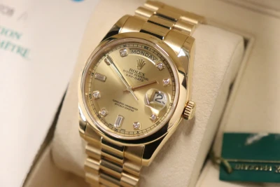 Rolex DayDate 36MM Yellow Gold Champagne Diamond Dial 118208 Box & Papers 2000
