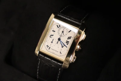 Cartier Tank Quartz Chrono 18K Gold Black Leather Strap 1830 Boxed Circa 2000