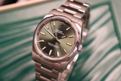 Rolex Oyster Perpetual Olive Dial 34MM 114200 Stainless Steel Boxed Circa 2018