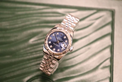 Rolex Datejust 26MM 18K White Gold Fluted Bezel Blue Diamond Dial 179174 Boxed Circa 2006
