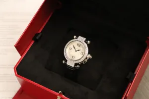 Cartier Pasha 18K White Gold Diamond Bezel Leather Strap 2813 Boxed Circa 2005