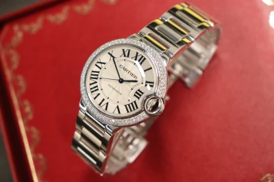 Cartier Ballon Bleu 36MM 18K White Gold Factory Diamond Bezel Box & Papers 2010