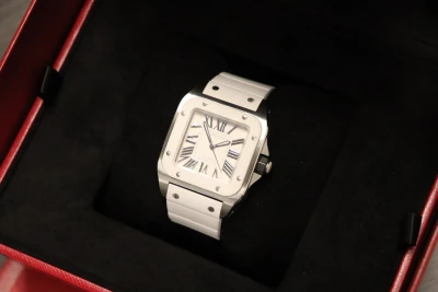 Cartier Santos Midi Stainless Steel 2878 White Rubber Bezel Boxed Circa 2010