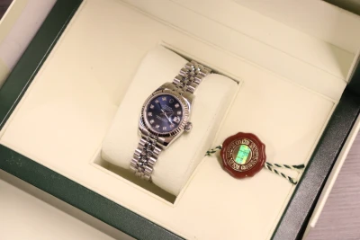 Rolex Datejust 26MM 18K White Gold Fluted Bezel Blue Diamond Dial 179174 Boxed Circa 2006