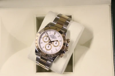 Rolex Cosmograph Daytona 18K Yellow Gold & Stainless Steel White Dial 116523 Box & Papers 2014