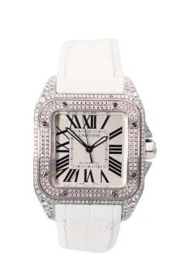 Cartier Santos Midi 100 Aftermarket Diamonds White Leather Strap 2878 Boxed