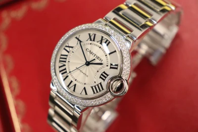 Cartier Ballon Bleu 36MM 18K White Gold Factory Diamond Bezel Box & Papers 2010