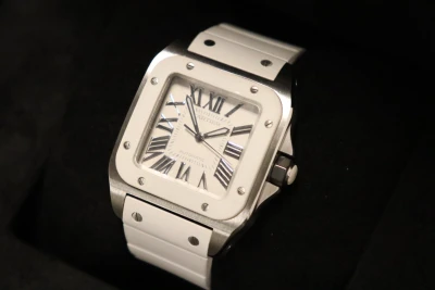Cartier Santos Midi Stainless Steel 2878 White Rubber Bezel Boxed Circa 2010
