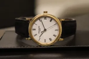 Patek Philippe Calatrava 18K Gold Watch Black Leather Strap 3802/200 Circa 2000