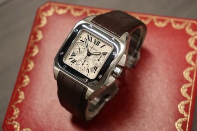 Cartier Santos XL100 Chronograph Steel Leather Strap Box & Paper Circa 2010