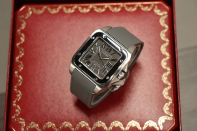 Cartier Santos 100XL 2656 Grey Dial Kings Road Edition 2010 B&P Rubber Strap