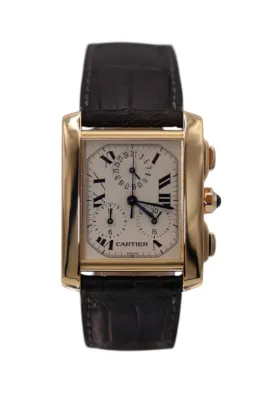 Cartier Tank Quartz Chrono 18K Gold Black Leather Strap 1830 Boxed Circa 2000