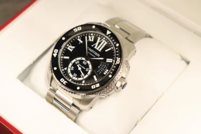 Cartier De Calibre Diver Bracelet Stainless Steel Black Dial 3729 B&P 2016