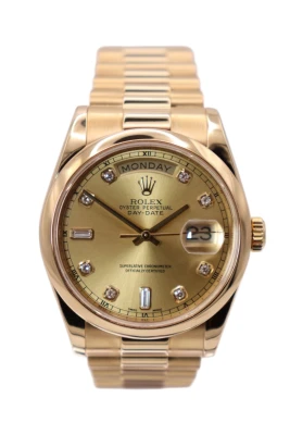Rolex DayDate 36MM Yellow Gold Champagne Diamond Dial 118208 Box & Papers 2000