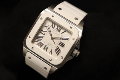 Cartier Santos Midi Stainless Steel 2878 White Rubber Bezel Boxed Circa 2010