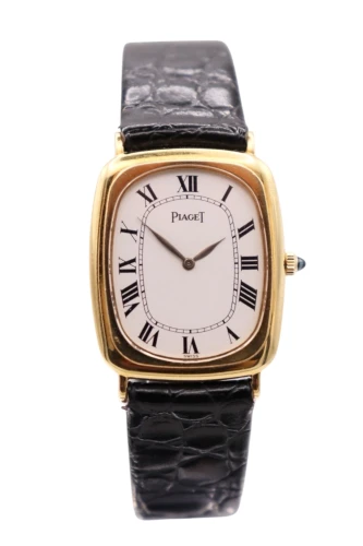 Piaget Emperador 18K Yellow Gold 9251 Black Leather Strap Circa 1980s Watch Only