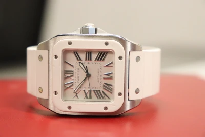 Cartier Santos Midi Stainless Steel 2878 White Rubber Bezel Boxed Circa 2010