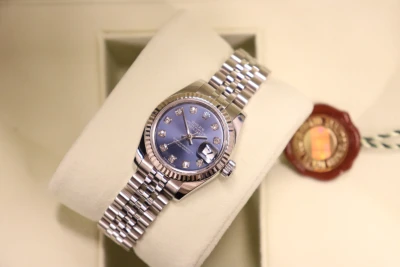 Rolex Datejust 26MM 18K White Gold Fluted Bezel Blue Diamond Dial 179174 Boxed Circa 2006