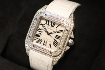 Cartier Santos Midi 100 Aftermarket Diamonds White Leather Strap 2878 Boxed