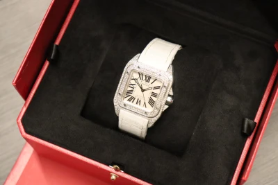 Cartier Santos Midi 100 Aftermarket Diamonds White Leather Strap 2878 Boxed